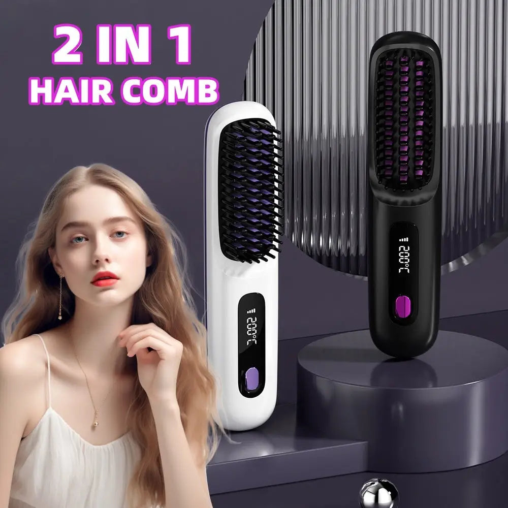 2 In 1 Straight Hair Comb Wireless Hair Straightener Brush Hair Fast Heating Portable Hot Curler USB Charging - LauBelle