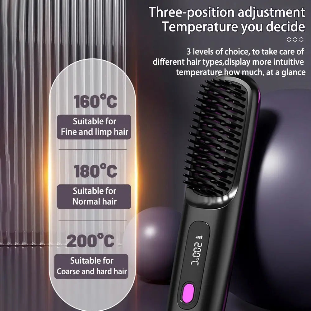 2 In 1 Straight Hair Comb Wireless Hair Straightener Brush Hair Fast Heating Portable Hot Curler USB Charging - LauBelle