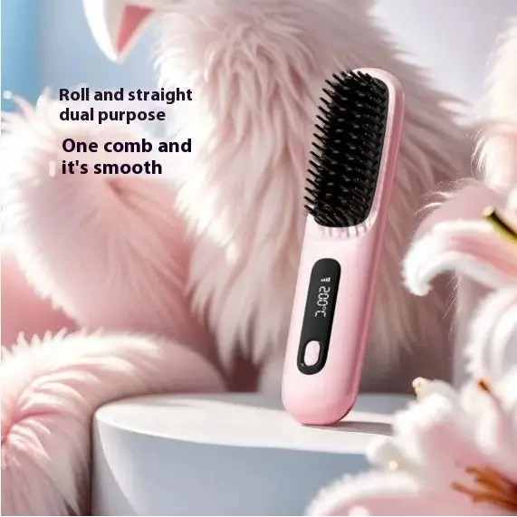 2 In 1 Straight Hair Comb Wireless Hair Straightener Brush Hair Fast Heating Portable Hot Curler USB Charging - LauBelle