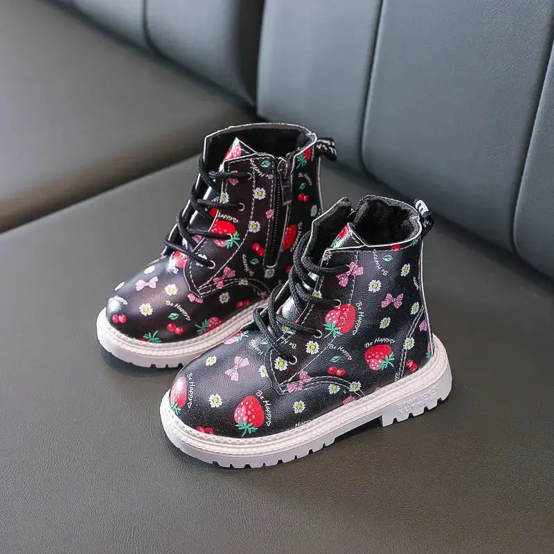 Strawberry Charm Girls Martin Boots with Vibrant Pattern - LauBelle