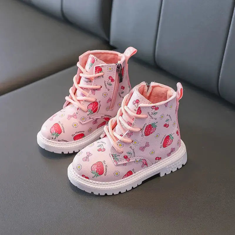 Strawberry Charm Girls Martin Boots with Vibrant Pattern - LauBelle