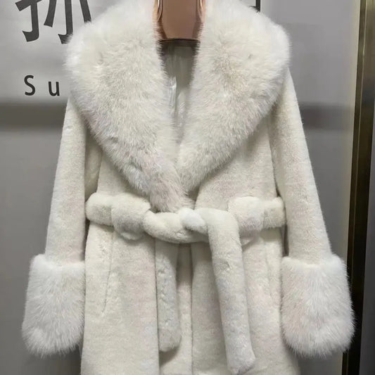 White Faux Mink Fur Coat with Belt and Cropped Silhouette - LauBelle