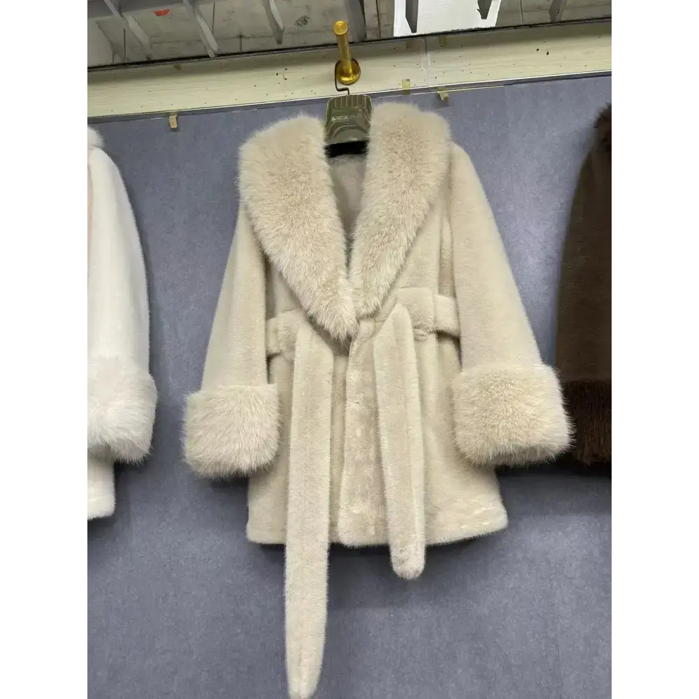 White Faux Mink Fur Coat with Belt and Cropped Silhouette - LauBelle