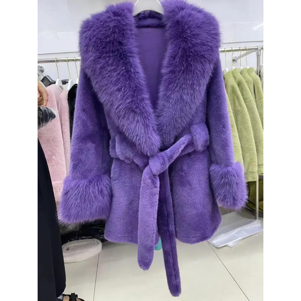 White Faux Mink Fur Coat with Belt and Cropped Silhouette - LauBelle