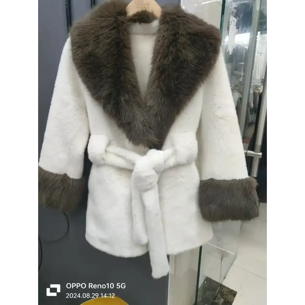 White Faux Mink Fur Coat with Belt and Cropped Silhouette - LauBelle