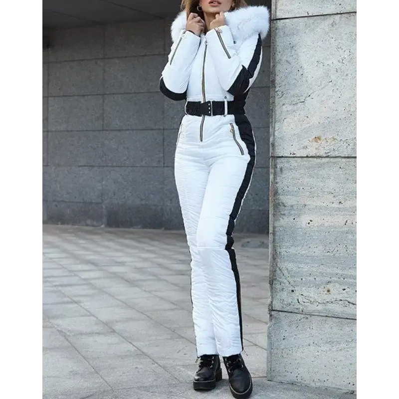 SportyHood White and Black Ski Suit with Fur Hood - LauBelle