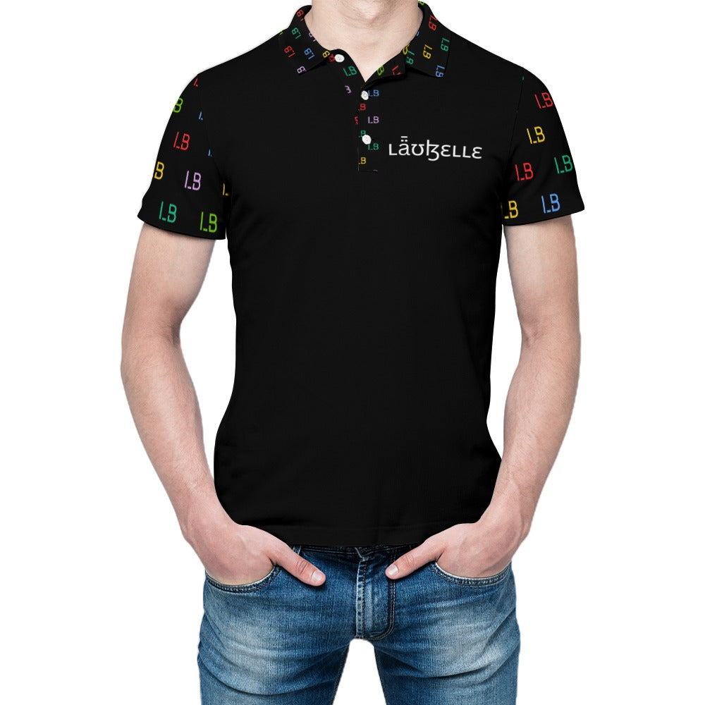 Man in a black polo shirt with colorful LB patterns and logo, paired with blue jeans.