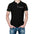 Man in a black polo shirt with colorful LB patterns and logo, paired with blue jeans.