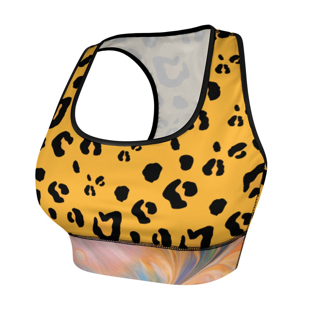 Yellow leopard print sports bra with black trim and colorful abstract pattern at the bottom.