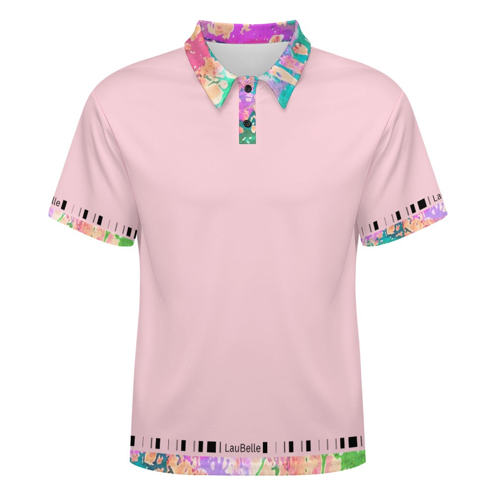 Pink polo shirt with colorful floral collar and trim, featuring abstract patterns and small label.