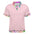 Pink polo shirt with colorful floral collar and trim, featuring abstract patterns and small label.