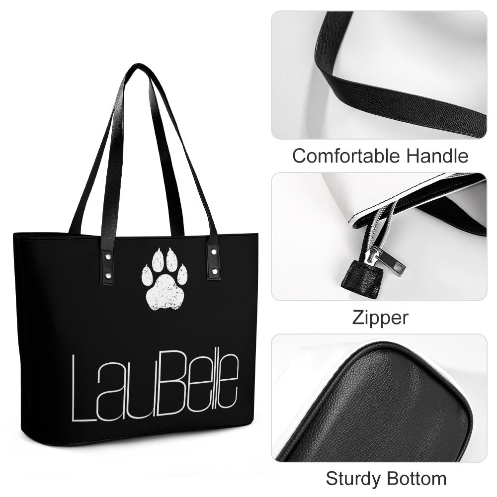 Black tote bag with paw print, "LaulBee" text, comfortable handles, zipper, and sturdy bottom.