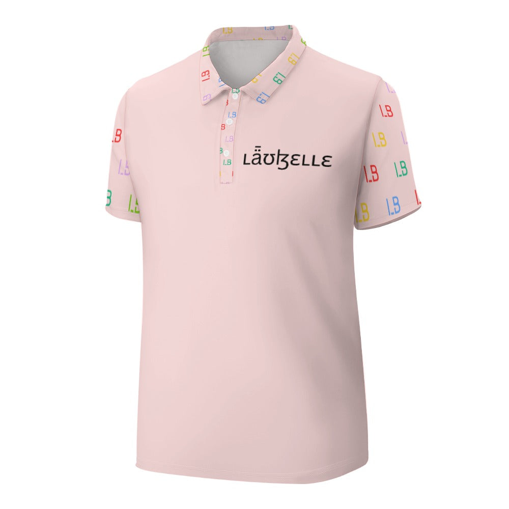Pink polo shirt with colorful "L" letters on the sleeves and collar, and "LAUZELLE" on the chest.
