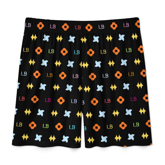 Black shorts with colorful patterns: blue stars, orange shapes, yellow diamonds, and "L8" text.