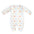 White baby onesie with colorful floral and letter patterns, featuring snaps at the legs.