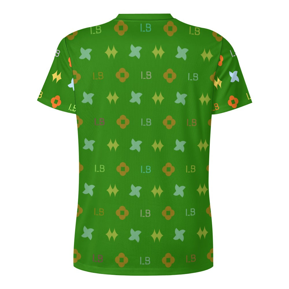 Green T-shirt with repeating orange, yellow, and light green geometric symbols and "L8" text