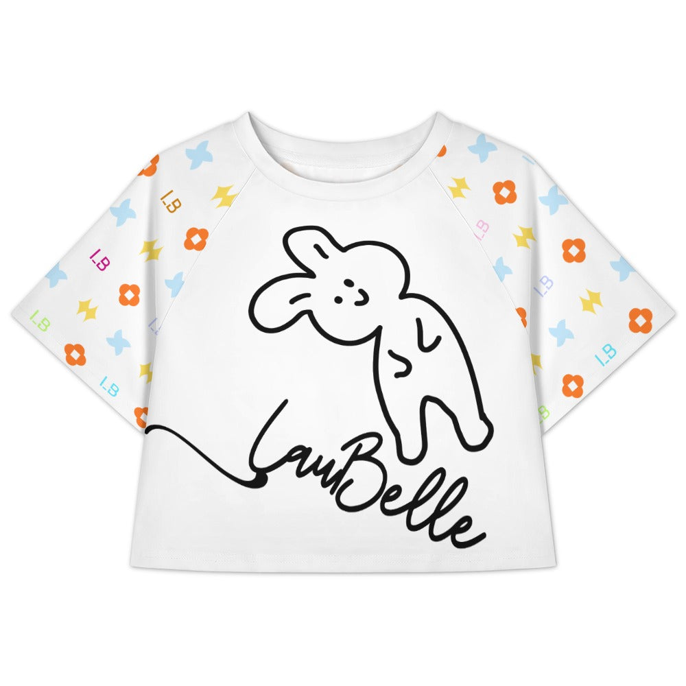 White shirt with a black outlined rabbit and "LaBelle" text. Colorful stars and flowers on sleeves.
