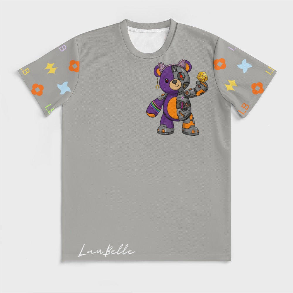 Gray T-shirt with colorful cyborg teddy bear graphic and pastel patterned sleeves