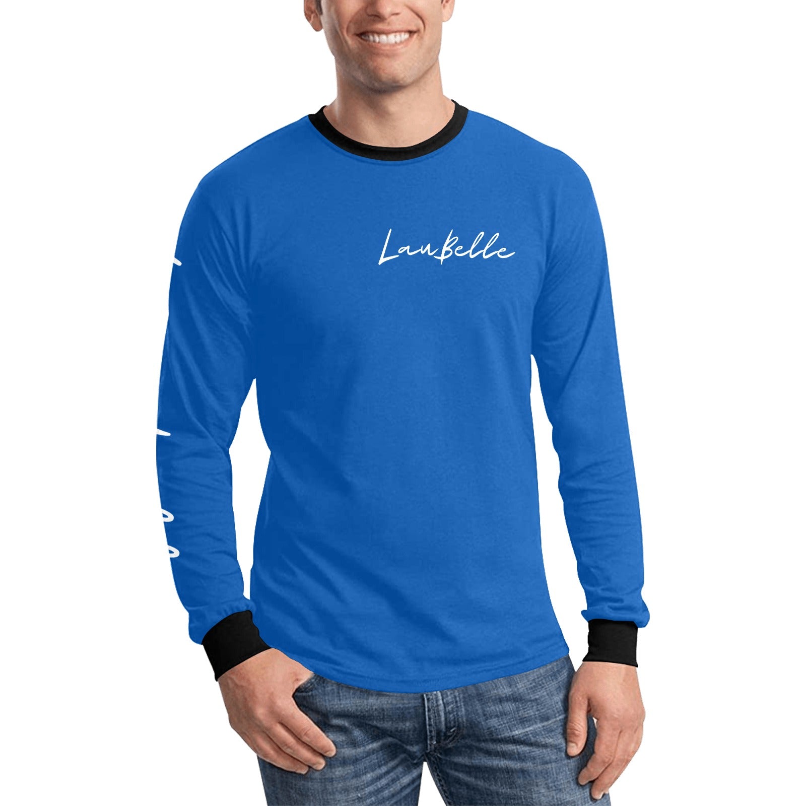 Man wearing blue long-sleeve shirt with black cuffs and collar, white text on the chest and sleeve.