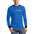 Man wearing blue long-sleeve shirt with black cuffs and collar, white text on the chest and sleeve.