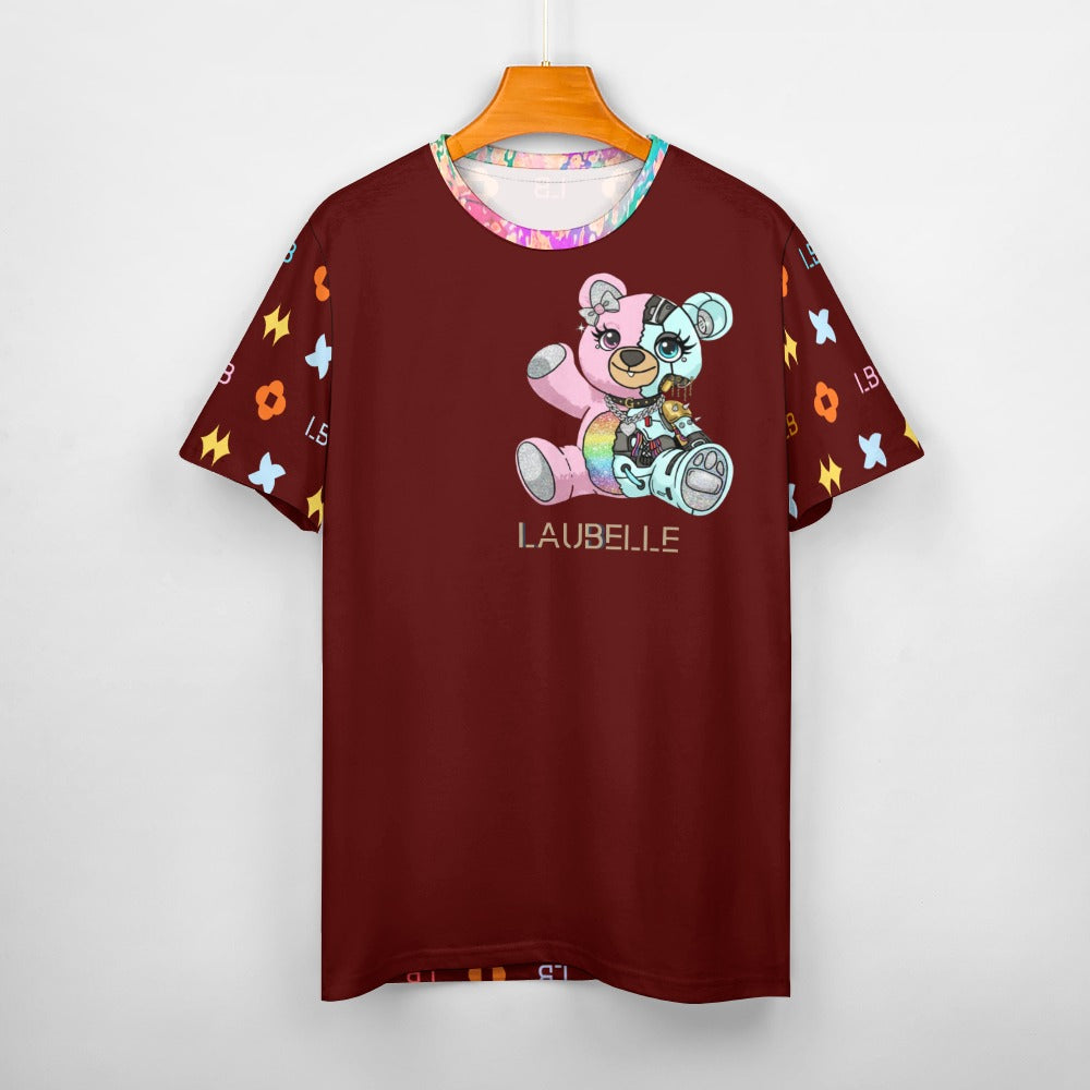 Red T-shirt with colorful bear graphic and patterned sleeves featuring various symbols.