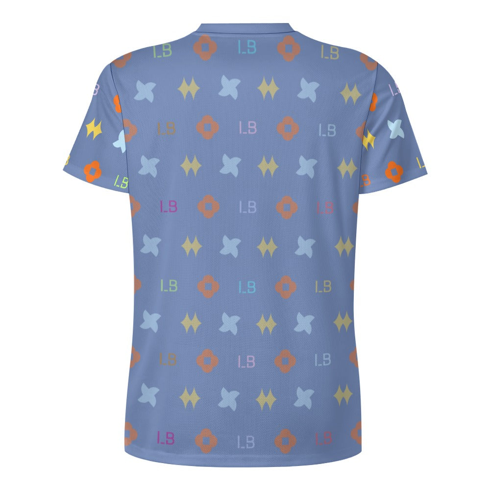 Back of blue T-shirt with multicolored geometric shapes and small "LB" text pattern