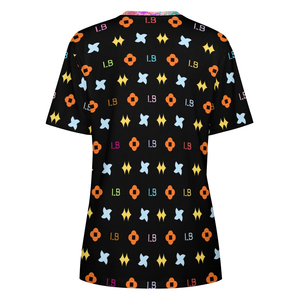 Black T-shirt with colorful star, circle, and letter patterns in orange, yellow, blue, and red.