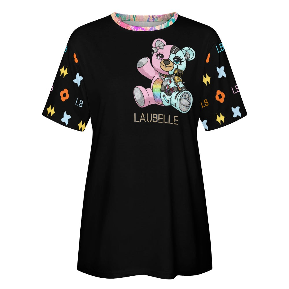 Black t-shirt with colorful teddy bear graphic and vibrant patterned sleeves.