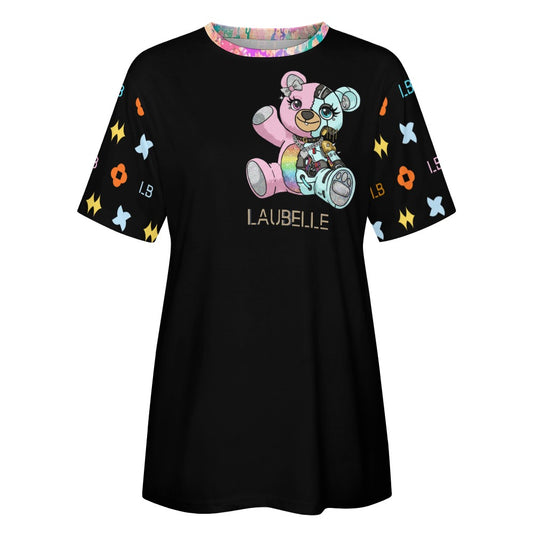Black t-shirt with colorful teddy bear graphic and vibrant patterned sleeves.