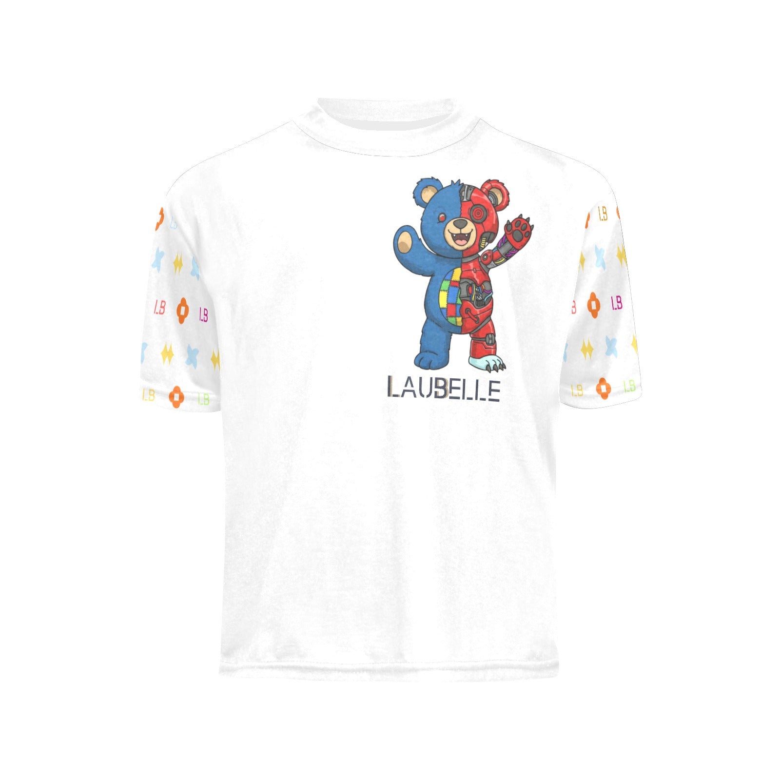 White T-shirt with a colorful patchwork bear and "LAUBELLE" text; sleeves have colorful patterns.