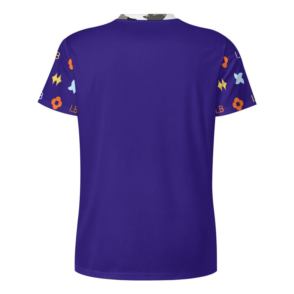 Back view of purple T‑shirt with short sleeves featuring colorful geometric patterns.