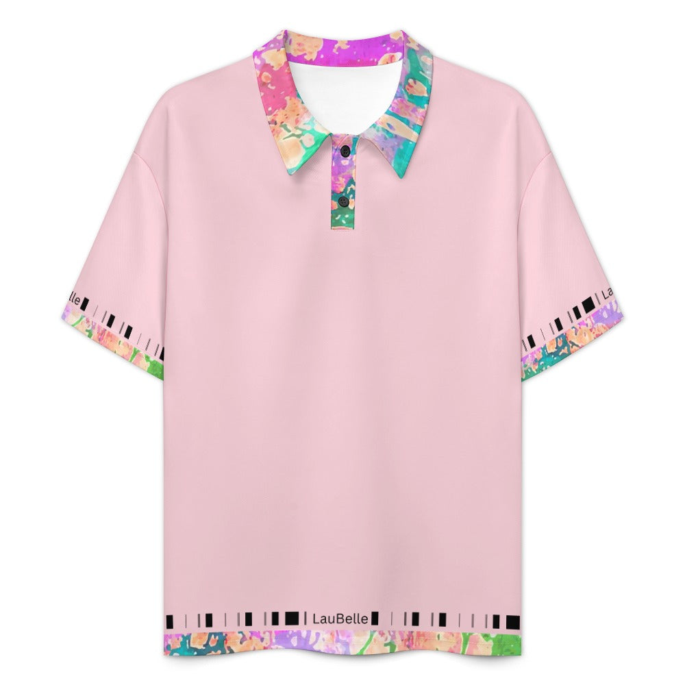 Pink shirt with colorful patterned collar, cuffs, and hem, featuring abstract designs.