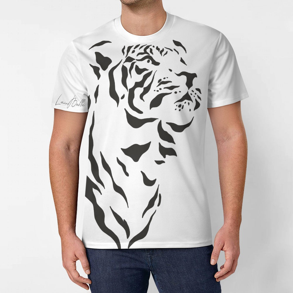 Man in white T-shirt featuring large black tiger face and stripes graphic on the front.