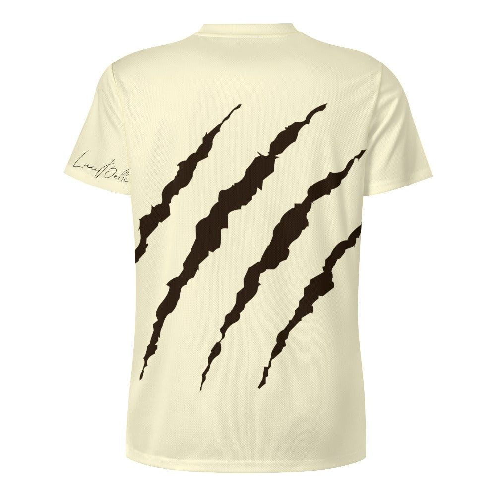 Cream T‑shirt back with four large diagonal black claw marks and small script on left sleeve.