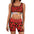 Woman in red leopard print sports outfit with multicolored waistband, standing against a white background.