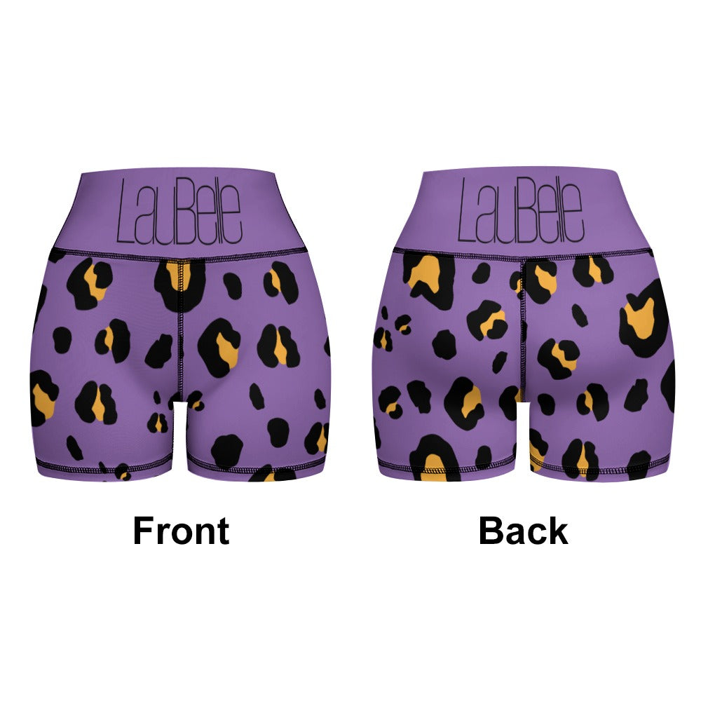 Purple shorts with a black and yellow leopard print, shown from front and back.