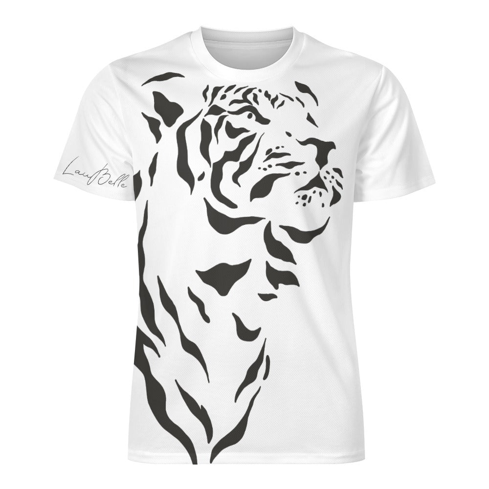White T-shirt with large black abstract tiger illustration along the front.