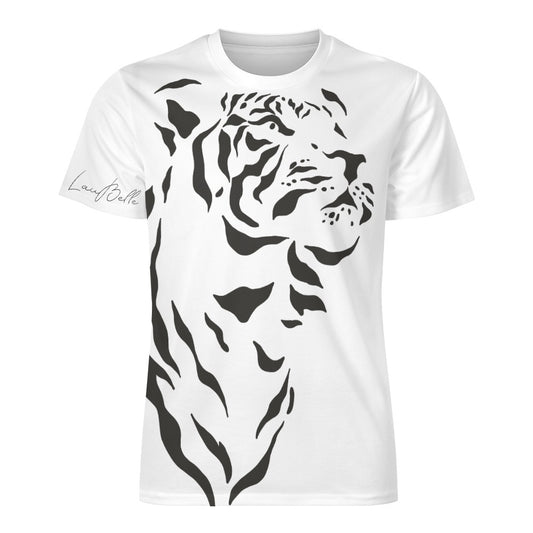 White T-shirt with large black abstract tiger illustration along the front.