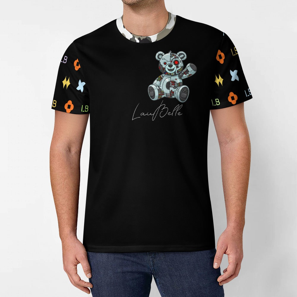Man in black T-shirt with patterned teddy bear graphic and colorful geometric sleeve icons.