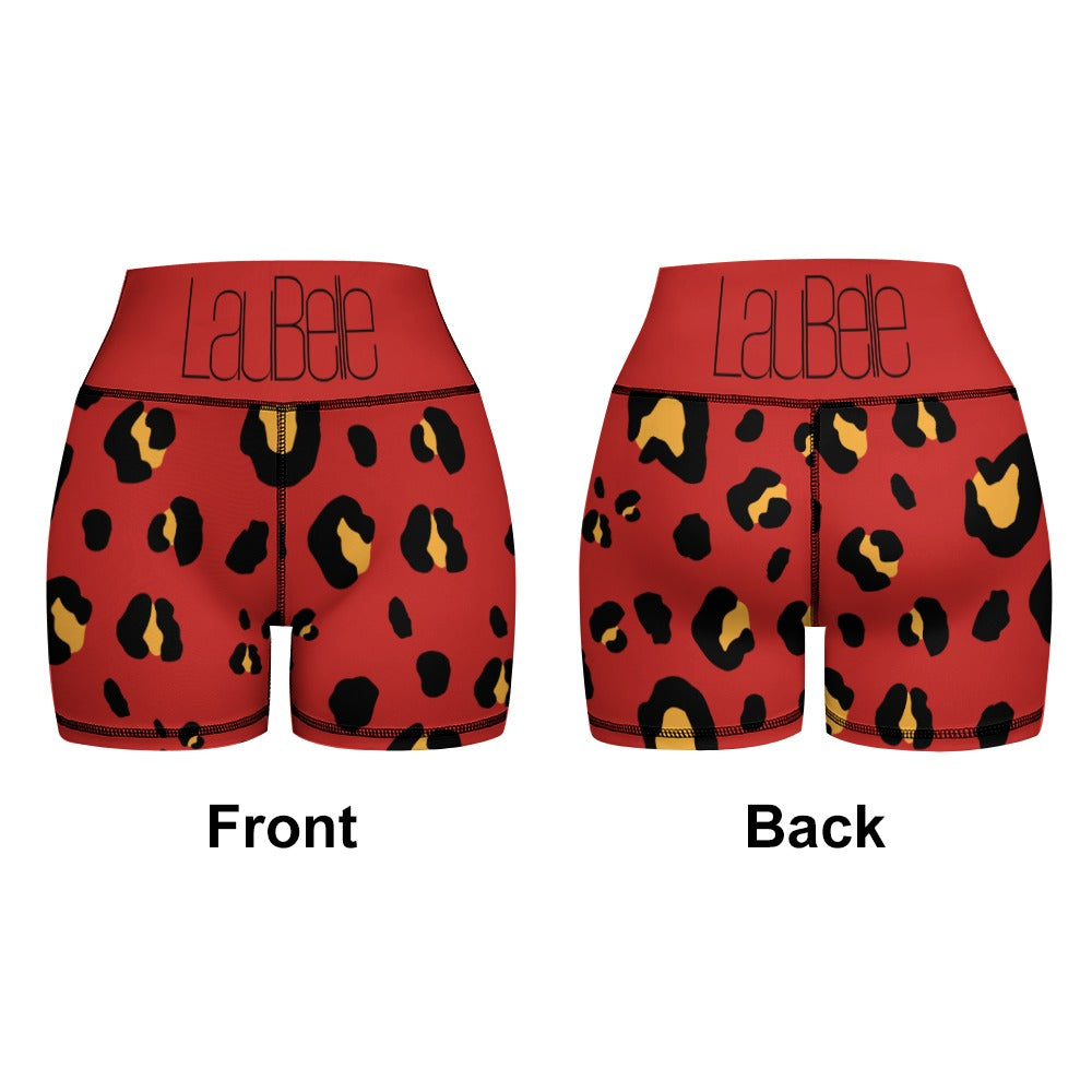 Red leopard print shorts with black and yellow spots, front and back views, bold waistband design.