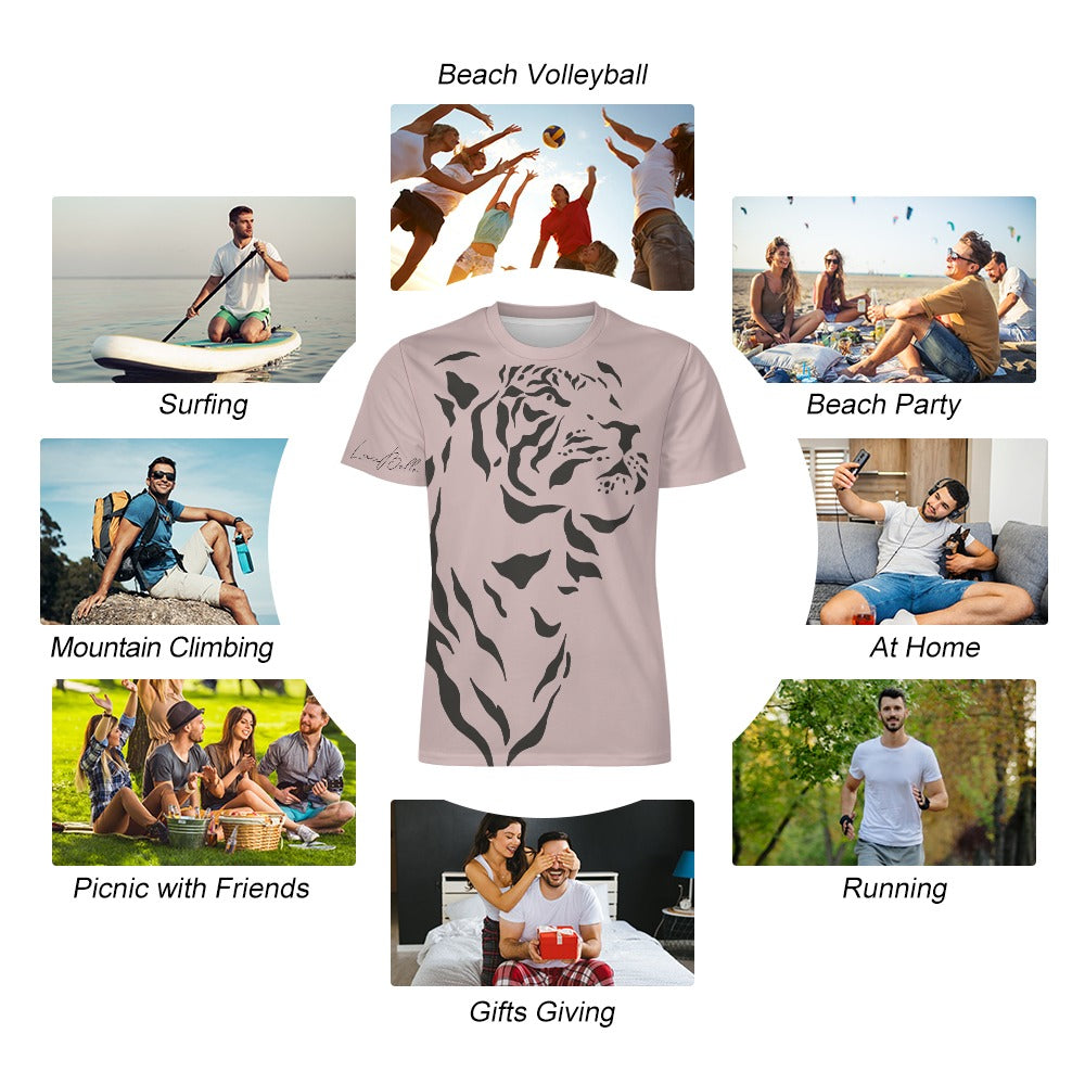 Pink tiger-print T-shirt surrounded by photos of people wearing it in outdoor activities.