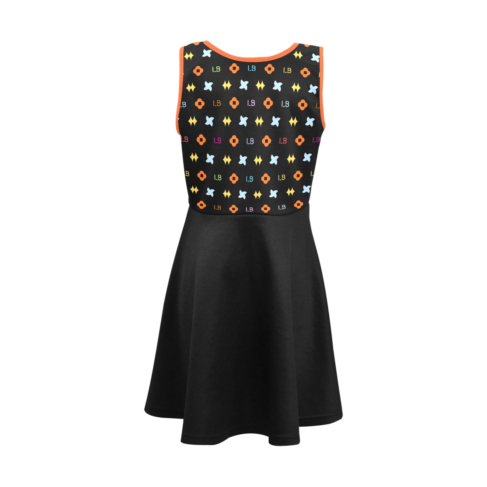 Black dress with sleeveless, multicolored geometric patterned top and orange trim.