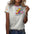 Woman in a white T-shirt with a colorful bear design and patterned sleeves, wearing jeans.