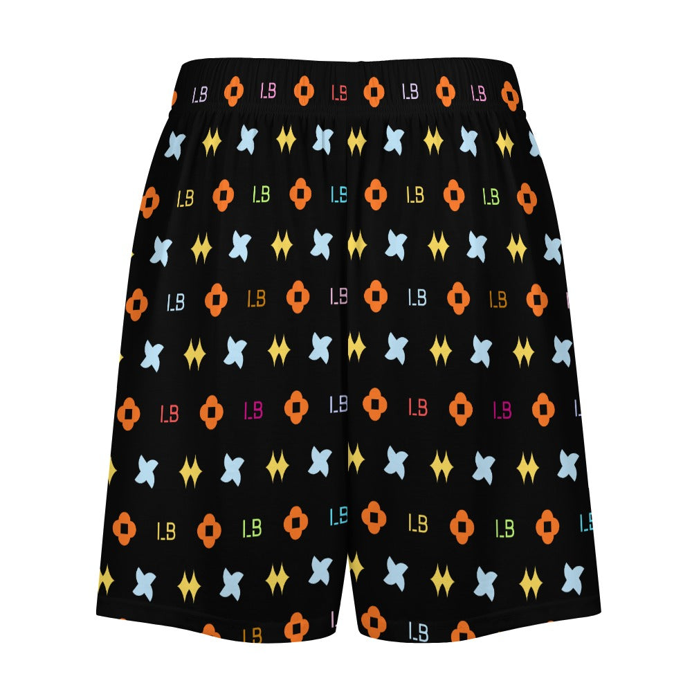 Black shorts with a colorful pattern of orange, blue, and yellow shapes and "LB" text.