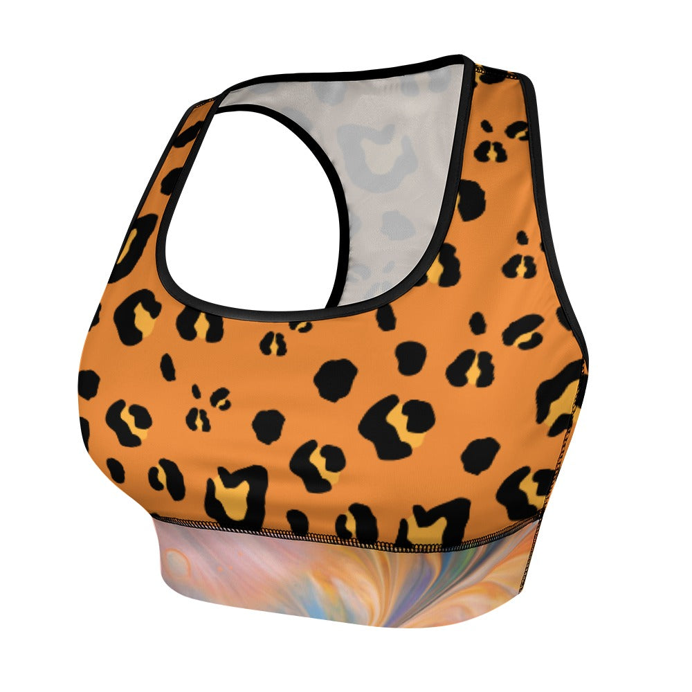 Leopard print sports bra with black trim and a colorful abstract pattern on the lower band.