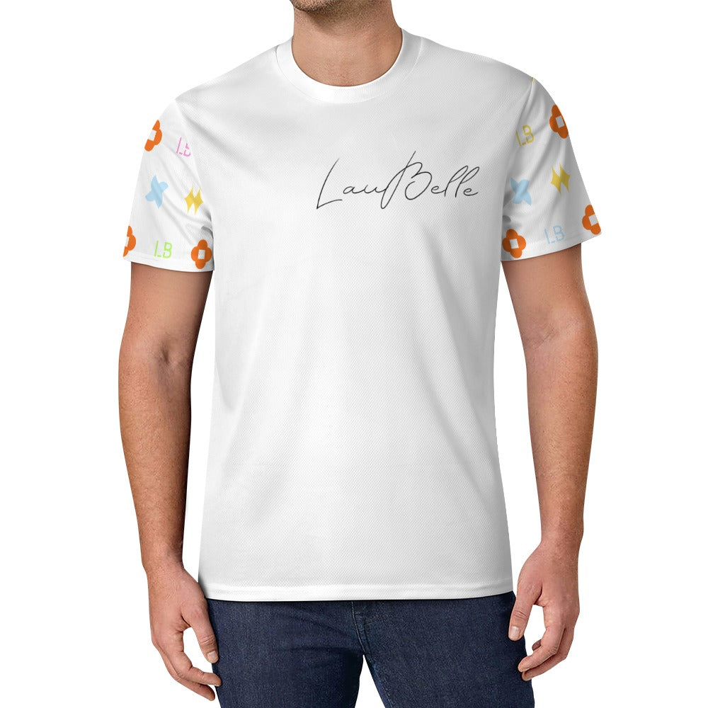 Man in white T-shirt with cursive logo and colorful patterned sleeves.
