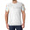 Man in white T-shirt with cursive logo and colorful patterned sleeves.