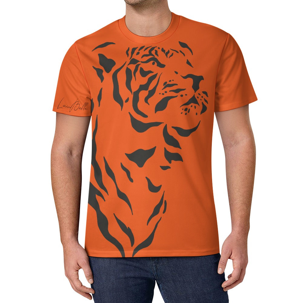 Man wearing bright orange T-shirt with a large black tiger graphic on the front.