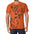 Man wearing bright orange T-shirt with a large black tiger graphic on the front.