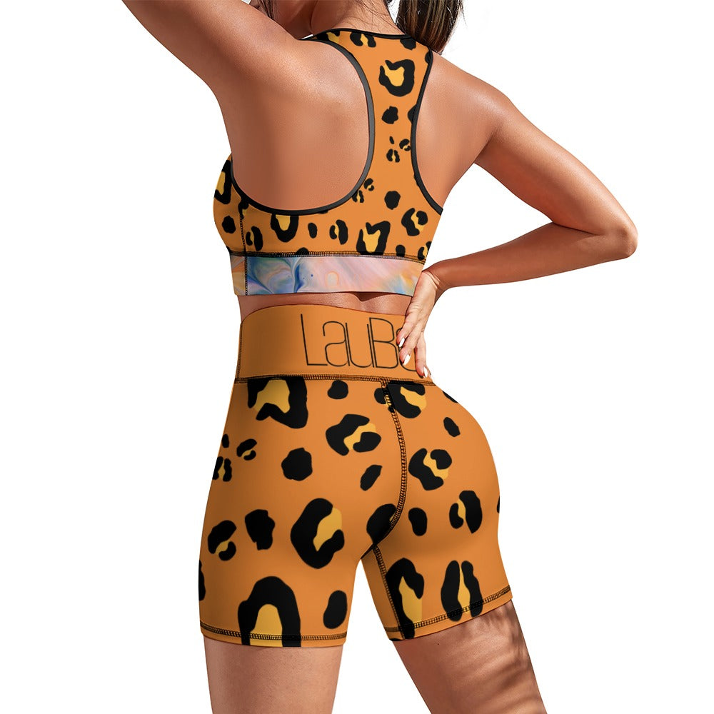 Back view of a person in leopard-print athletic wear with a racerback top and shorts.